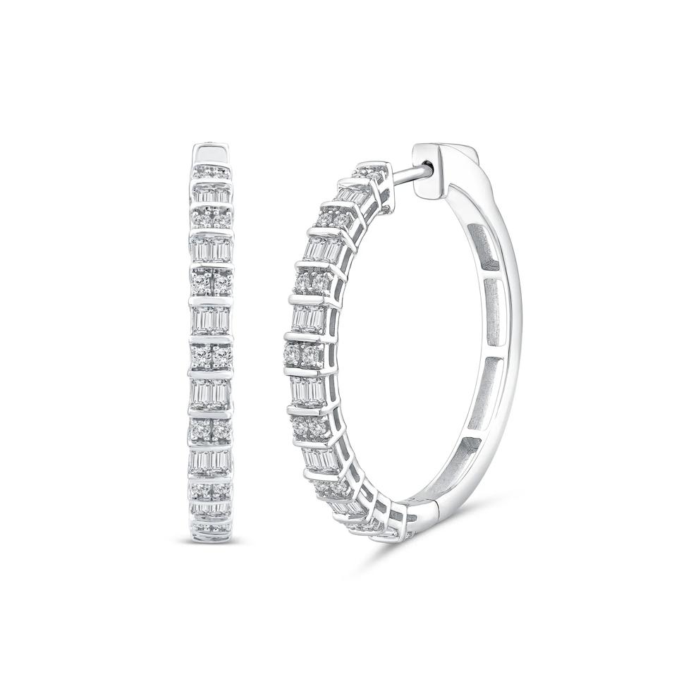 Round and Baguette Diamond Hoop Earrings in 14K White Gold (1 ct. tw.) – Image 1 of 2