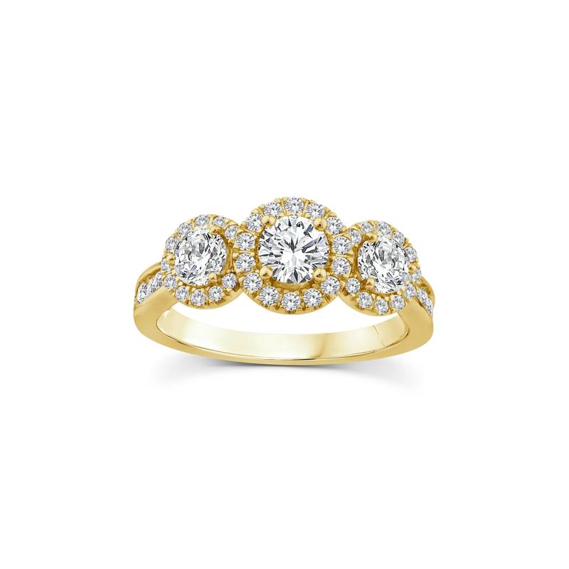 Diamond Three-Stone Halo Engagement Ring in 14K Yellow Gold &#40;1 1/2 ct. tw.&#41; – Image 1 of 3