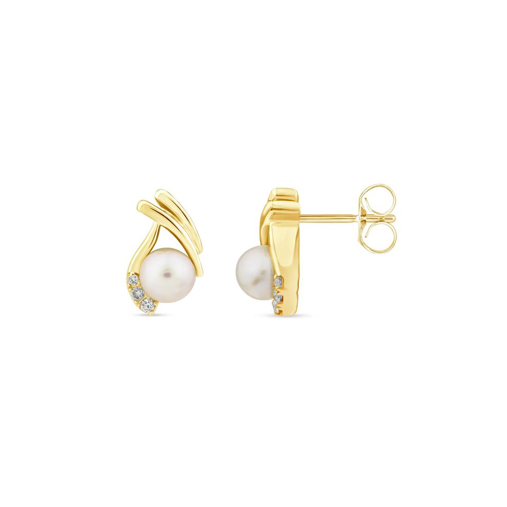 Pearl and Diamond Accent Stud Earrings in 10K Yellow Gold – Image 2 of 2