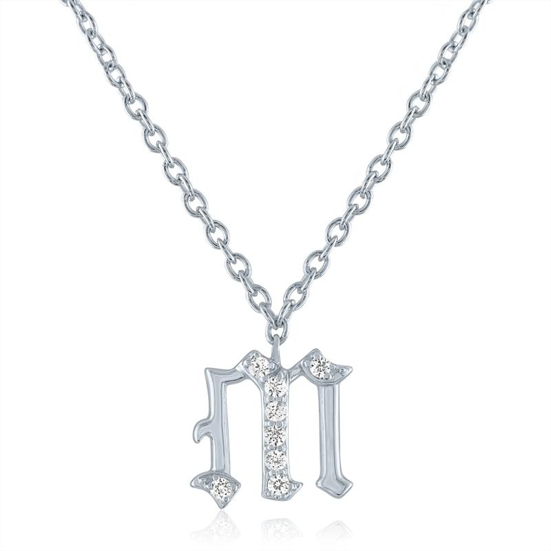 Diamond Accent Gothic Script M Initial Pendant in Sterling Silver  – Image 1 of 3