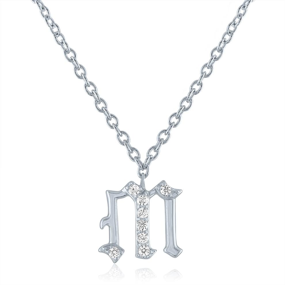 Diamond Accent Gothic Script M Initial Pendant in Sterling Silver  – Image 1 of 3