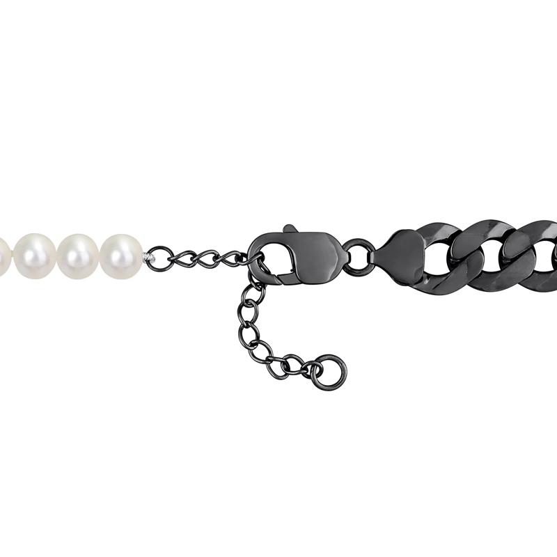 Bleached Freshwater Cultured Pearl Curb Link Necklace in Black Rhodium Sterling Silver – Image 2 of 4