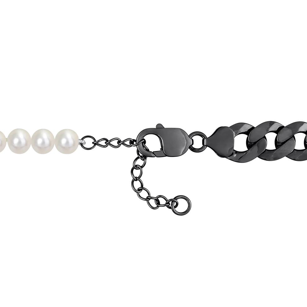 Bleached Freshwater Cultured Pearl Curb Link Necklace in Black Rhodium Sterling Silver – Image 2 of 4