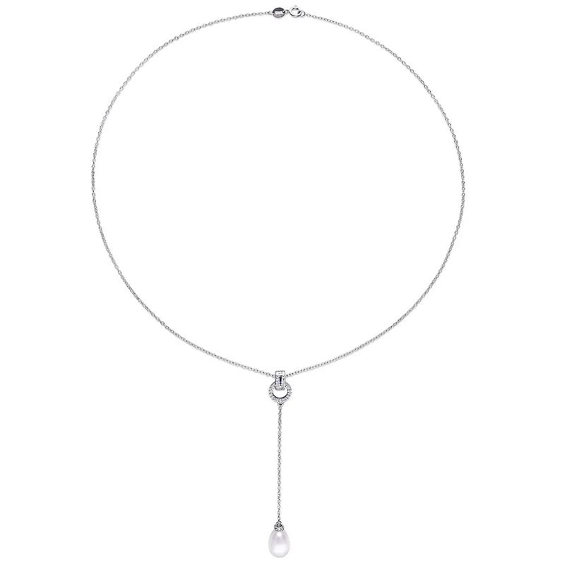 Pearl Drop Necklace with White Topaz in Sterling Silver – Image 2 of 3