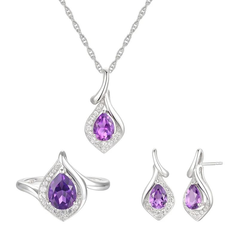 Pear-Shaped Amethyst &amp; Lab Created White Sapphire Earring, Pendant &amp; Ring Set in Sterling Silver – Image 1 of 9