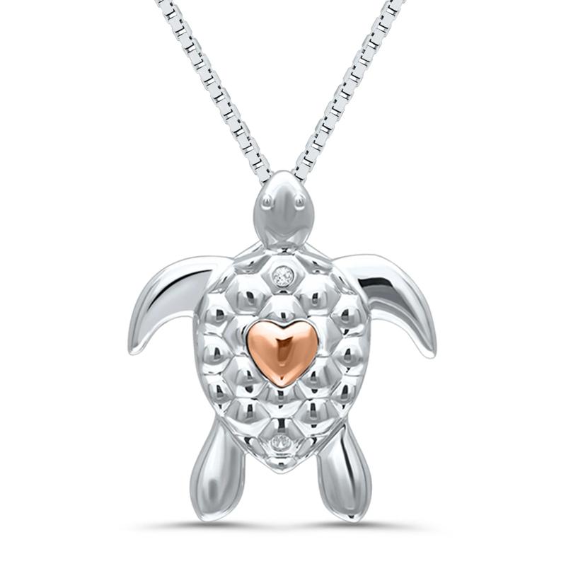 Diamond Accent Sea Turtle Pendant in Sterling Silver and 14 Rose Gold – Image 1 of 4