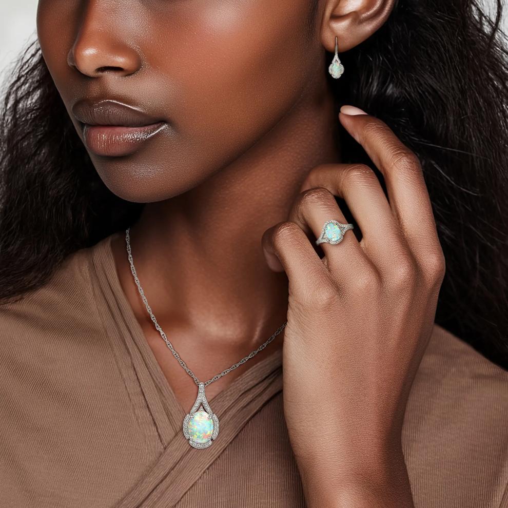 Oval Opal &amp; Lab Created White Sapphire Earring, Pendant &amp; Ring Set in Sterling Silver – Image 9 of 10