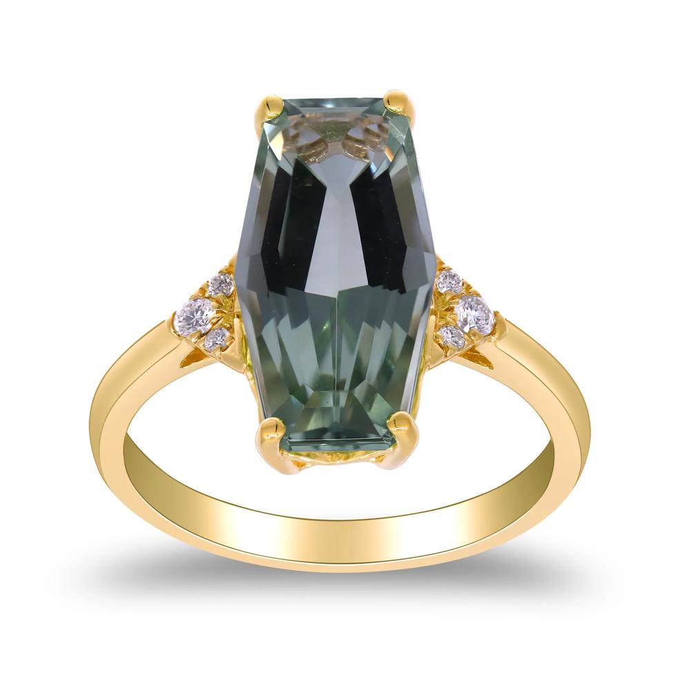 Elongated Cushion Green Quartz &amp; Diamond Accent Ring in 10K Yellow Gold – Image 1 of 4