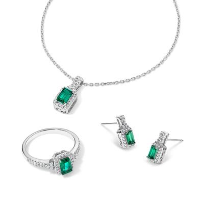 Lab-Created Emerald & Lab-Created White Sapphire Halo Ring, Earrings, & Pendant Boxed Set in Sterling Silver