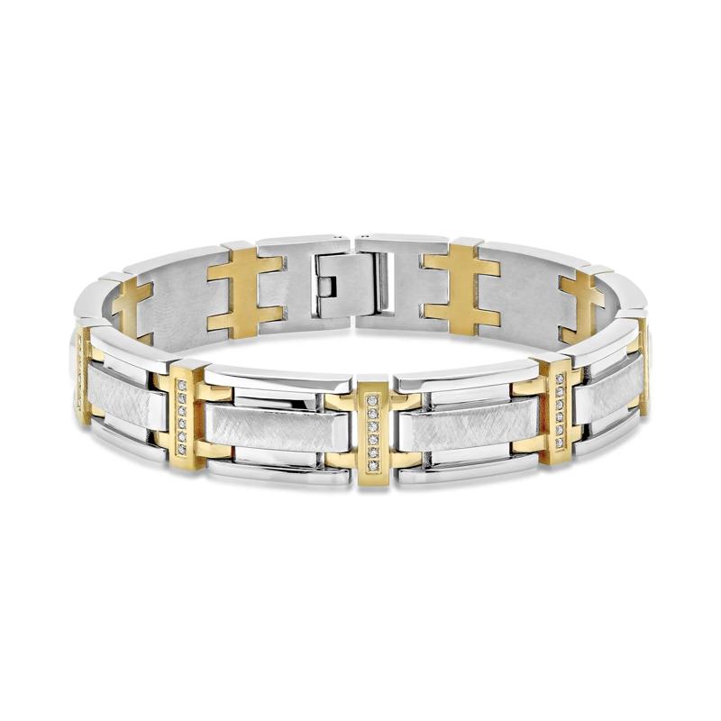 Diamond Link Bracelet in Stainless Steel and Yellow Ion-Plated Stainless Steel, 8.5&quot; &#40;3/8 ct. tw.&#41; – Image 1 of 3