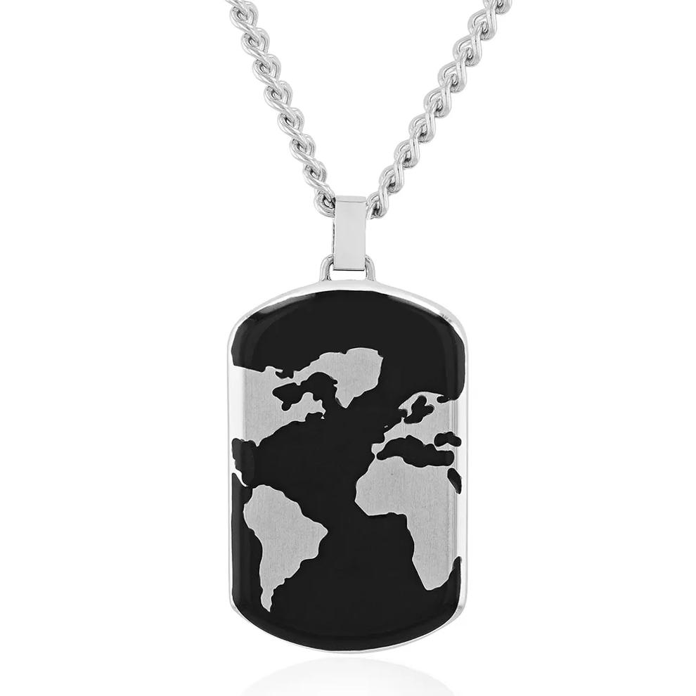 Men's Dog Tag Pendant with World Map in Stainless Steel – Image 1 of 3
