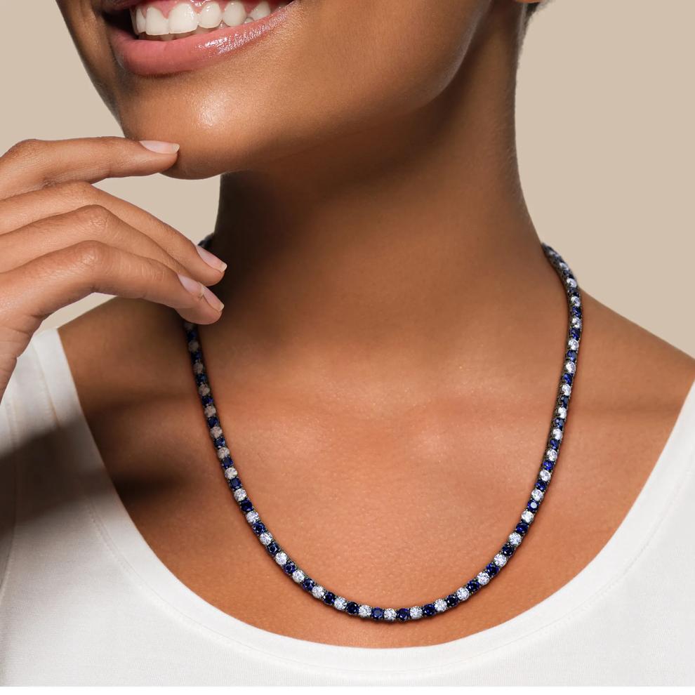 Lab-Created Blue Sapphire &amp; Lab-Created White Sapphire Tennis Necklace in Sterling Silver &amp; Black Rhodium – Image 3 of 6