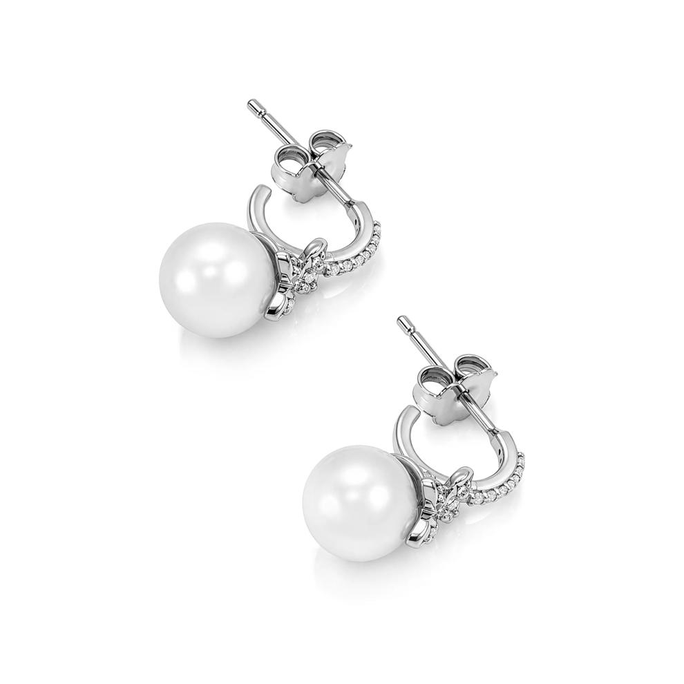 Freshwater Cultured Pearl &amp; Diamond Floral Hoop Earrings in Sterling Silver (1/10 ct. tw.) – Image 2 of 2
