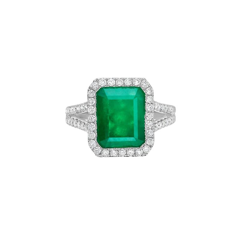 Emerald and Diamond Halo Split Shank Ring in 14K White Gold &#40;5/8 ct. tw.&#41; – Image 1 of 4