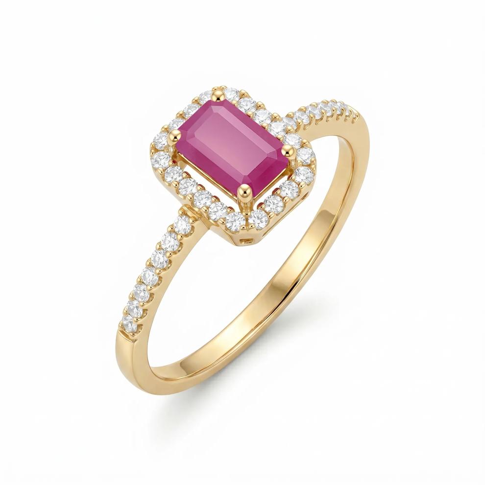 Ruby &amp; Diamond Halo Ring in 10K Yellow Gold (1/5 ct. tw.) – Image 3 of 4