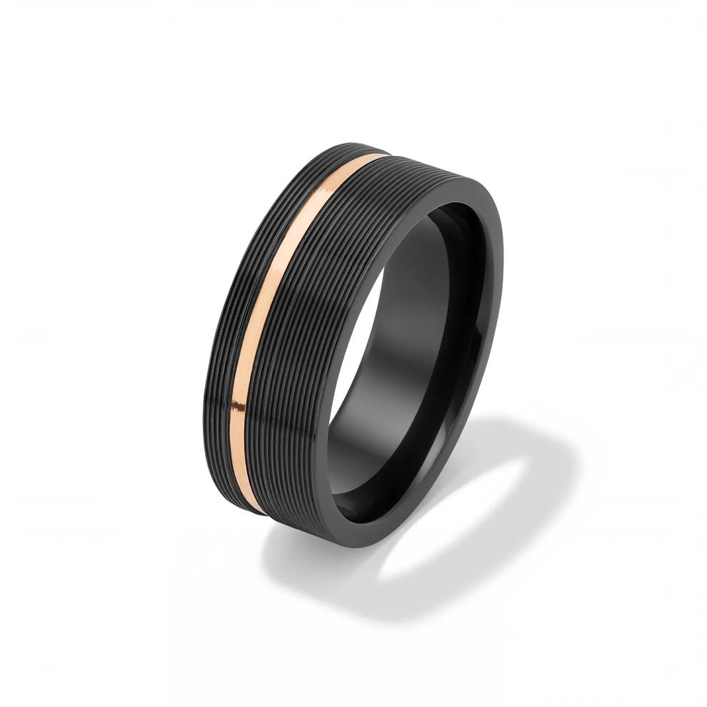Men&rsquo;s 14K Rose Gold Inlay Wedding Band in Black Zirconium, 8mm – Image 4 of 5