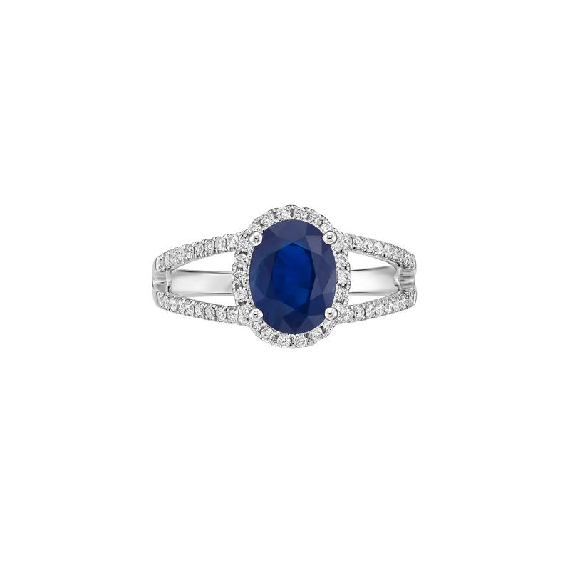 Blue Sapphire &amp; Diamond Split-Shank Band Ring in 14K White Gold &#40;1/3 ct. tw.&#41; – Image 1 of 3