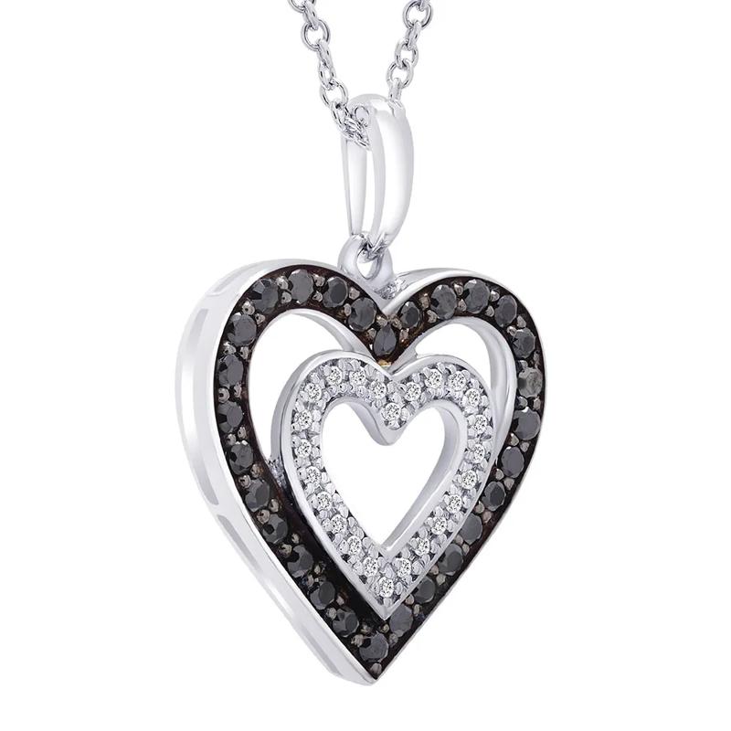 Double Heart Pendant with Black &amp; White Diamonds in Sterling Silver &#40;1/3 ct. tw.&#41; – Image 2 of 3