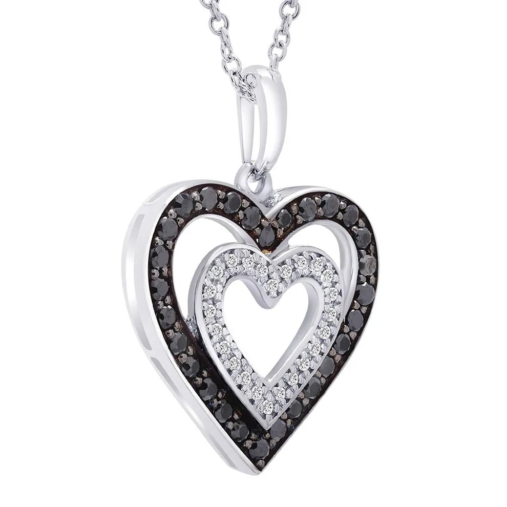 Double Heart Pendant with Black &amp; White Diamonds in Sterling Silver (1/3 ct. tw.) – Image 2 of 3