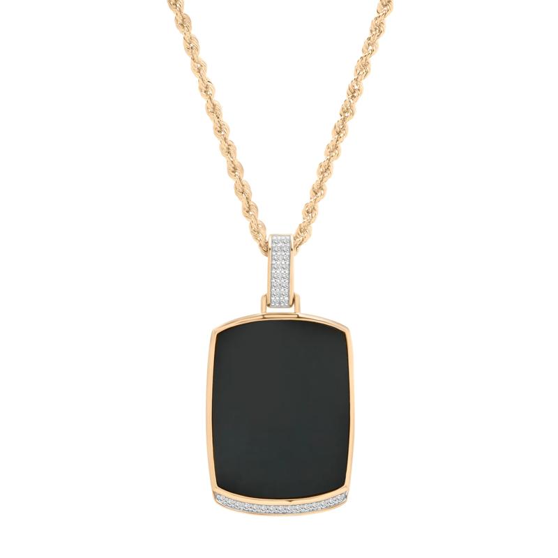 Men&#39;s Black Onyx and Diamond Dog Tag Pendant in 10K Yellow Gold &#40;1/10 ct. tw.&#41; – Image 1 of 4