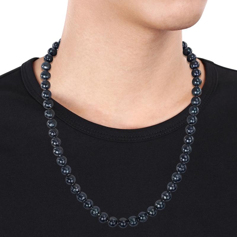 Men&#39;s Black Freshwater Cultured Pearl Strand Necklace in Sterling Silver – Image 4 of 5