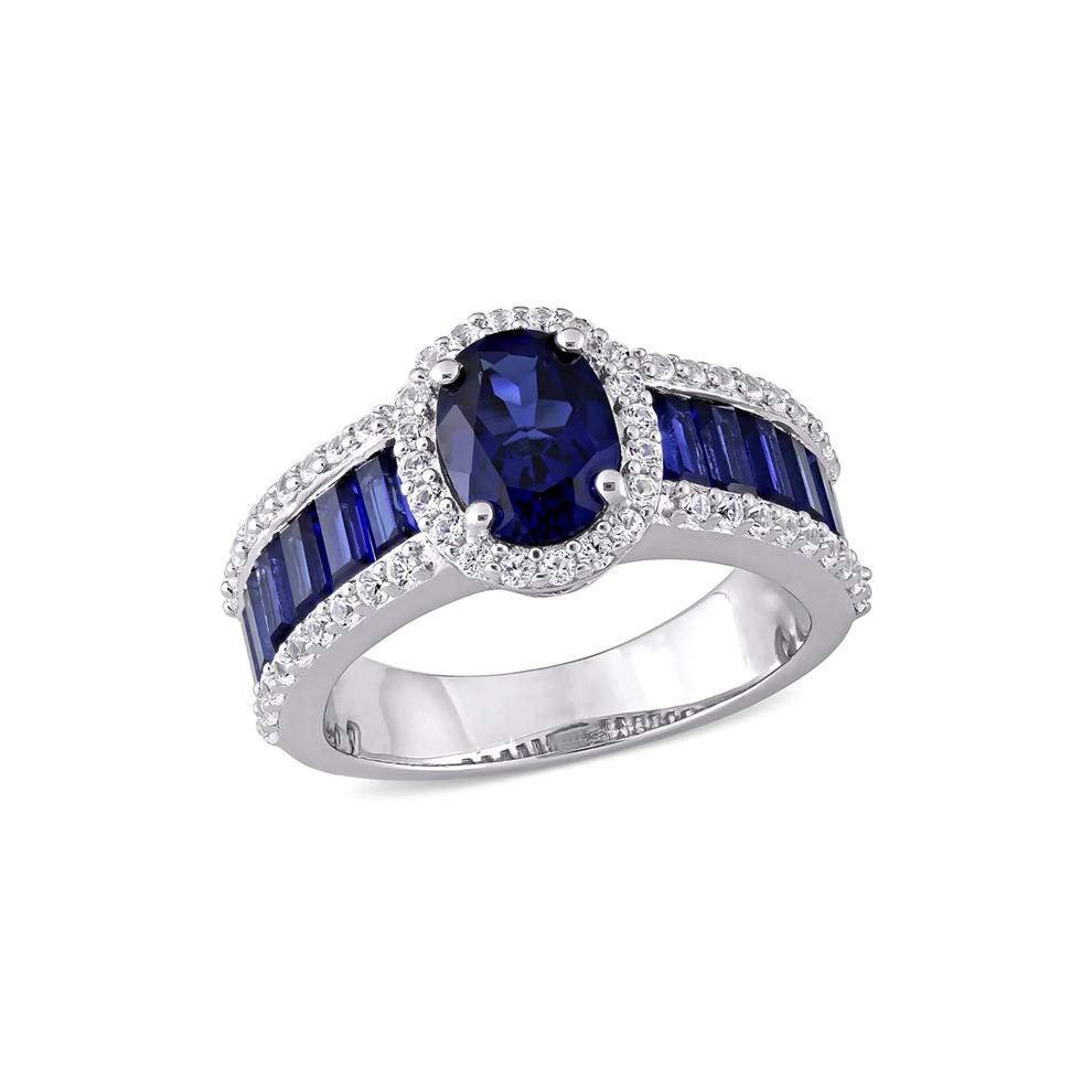 Oval Lab Created Blue &amp; White Sapphire Halo Ring in Sterling Silver – Image 4 of 5