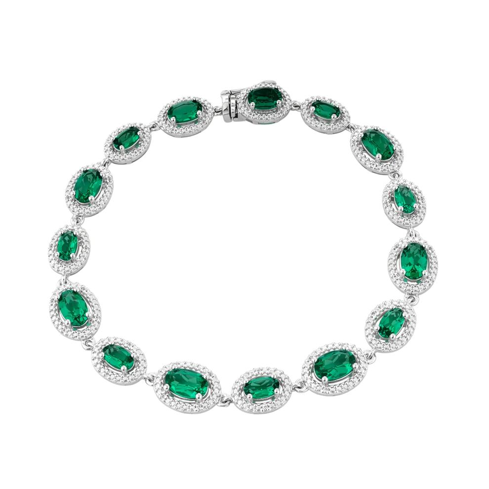 Lab-Created Emerald &amp; Lab-Created White Sapphire Halo Tennis Bracelet in Sterling Silver, 7" – Image 2 of 2
