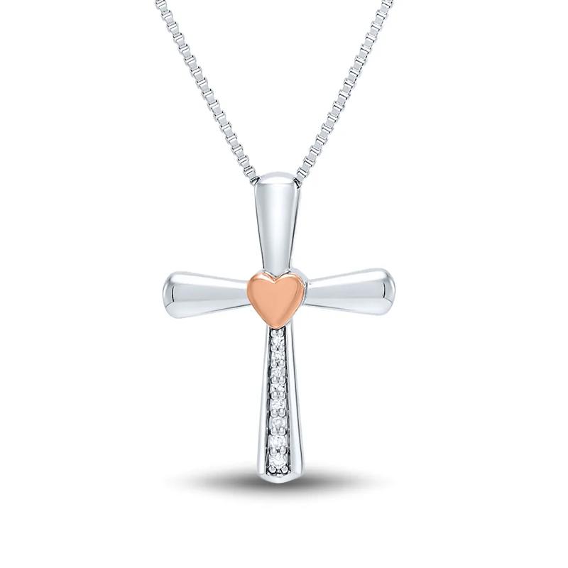Diamond Cross Pendant in Sterling Silver &amp; 14K Rose Gold – Image 1 of 3