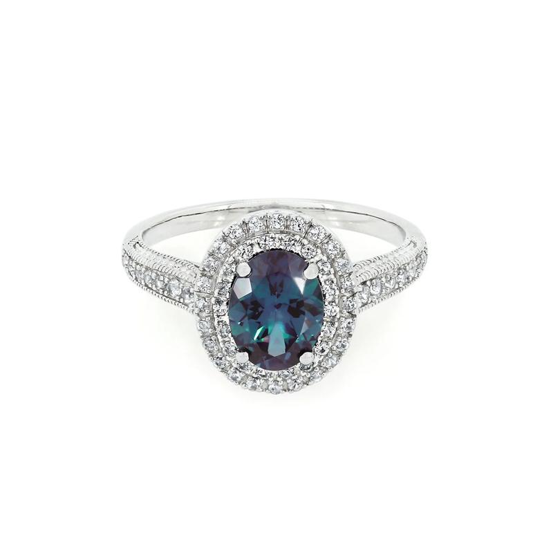 Lab Created Alexandrite &amp; White Sapphire Halo Ring in Sterling Silver – Image 1 of 3