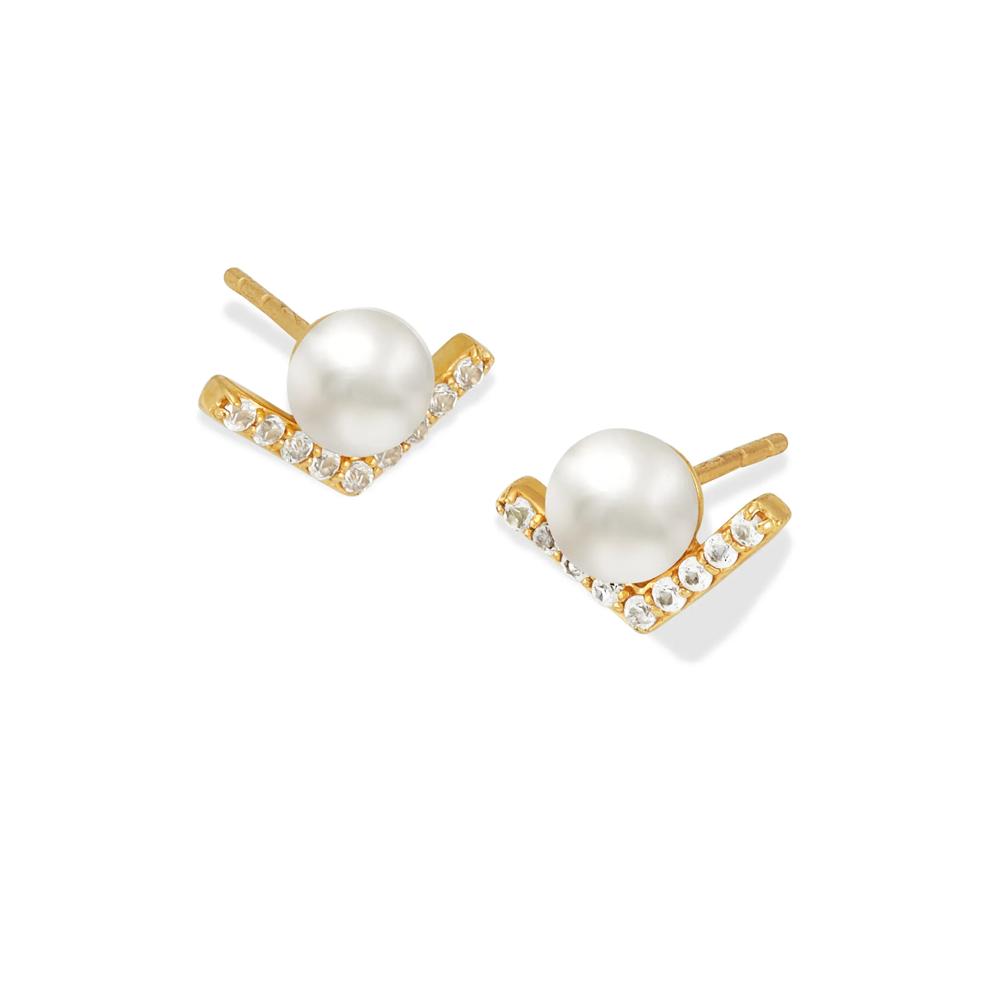 Freshwater Cultured Pearl &amp; White Topaz Stud Earrings in 10K Yellow Gold – Image 1 of 2