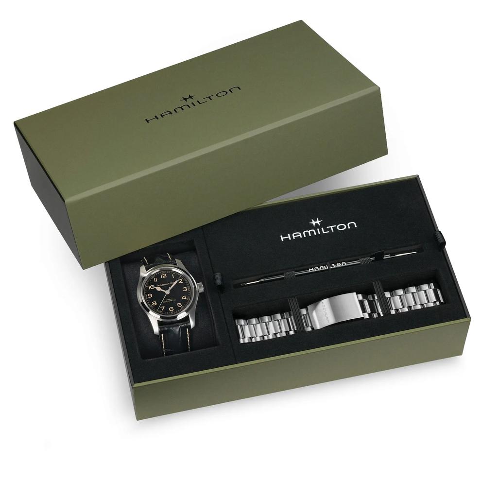 Men's Khaki Field Murph Boxset with Black Leather Strap &amp; Stainless Steel Bracelet – Image 4 of 4