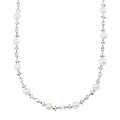 Freshwater Cultured Pearl & Lab Created White Sapphire Necklace in Sterling Silver