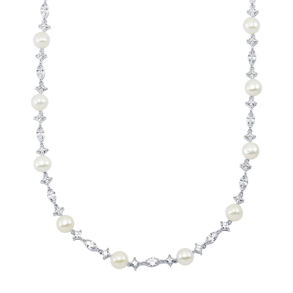Freshwater Cultured Pearl &amp; Lab Created White Sapphire Necklace in Sterling Silver – Image 1 of 4