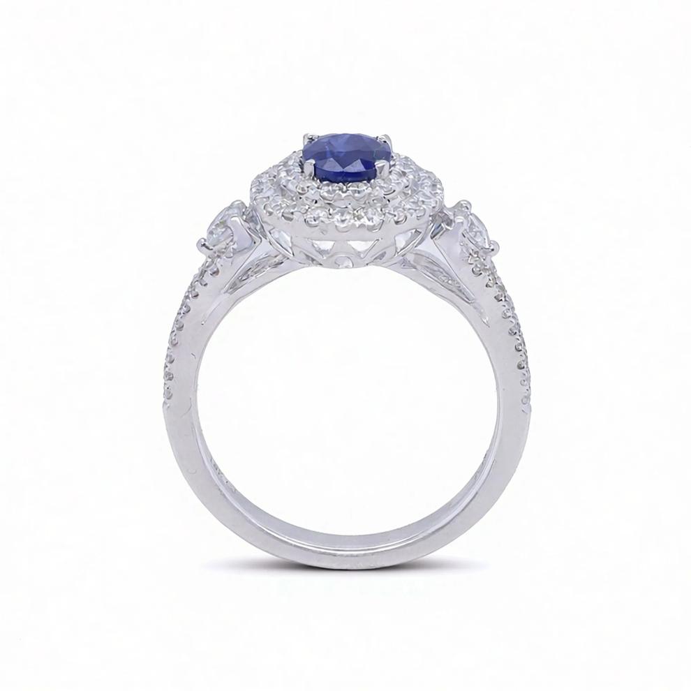 Blue Sapphire &amp; Diamond Double Halo Ring in 18K White Gold (3/4 ct. tw.) – Image 3 of 5