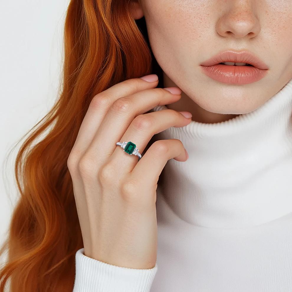 Lab-Created Emerald &amp; Lab-Created White Sapphire Ring in Sterling Silver  – Image 5 of 5