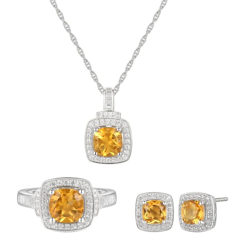 Cushion-Cut Citrine &amp; Lab Created White Sapphire Earring, Pendant &amp; Ring Set in Sterling Silver – Image 1 of 9