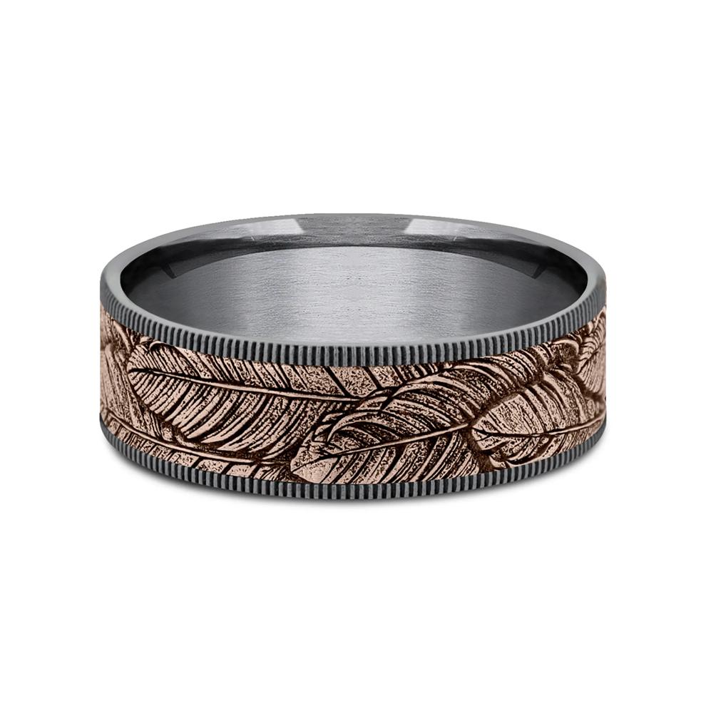 Men&rsquo;s Bird Feather Wedding Band in 14K Gold &amp; Tantalum, 7.5MM – Image 1 of 3