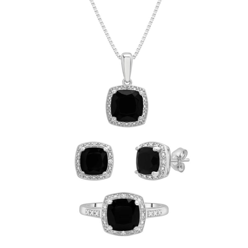 Onyx &amp; Diamond Accent Earrings, Pendant &amp; Ring Set in Sterling Silver – Image 1 of 11