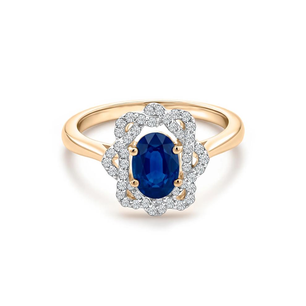 Blue Sapphire &amp; Diamond Halo Ring in 10K Yellow Gold (1/4 ct. tw.) – Image 1 of 4