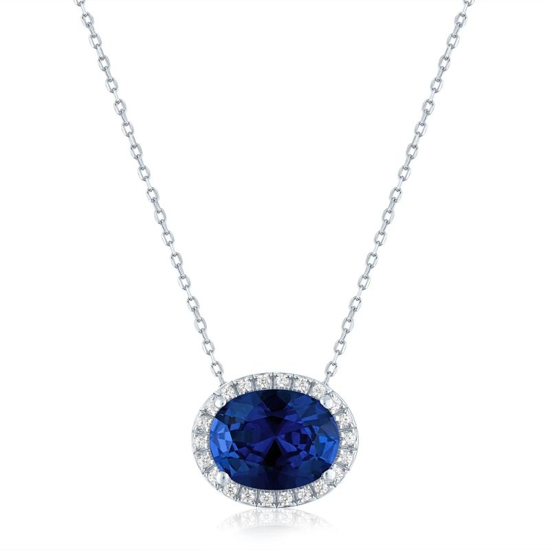 Lab-Created Blue Sapphire and Diamond Accent Halo Pendant in Sterling Silver – Image 1 of 3
