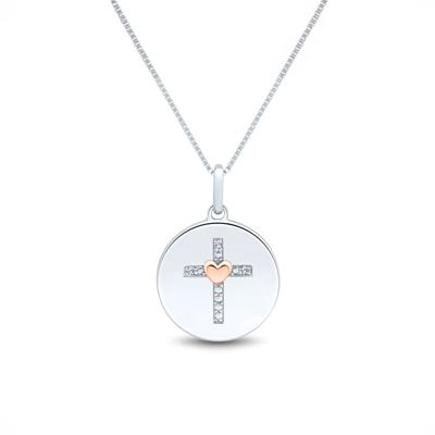 Diamond Accent Cross Medallion Pendant in Sterling Silver & 14K Rose Gold