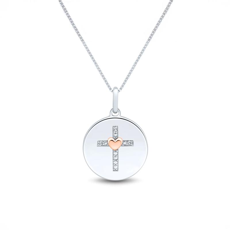 Diamond Accent Cross Medallion Pendant in Sterling Silver &amp; 14K Rose Gold – Image 1 of 4