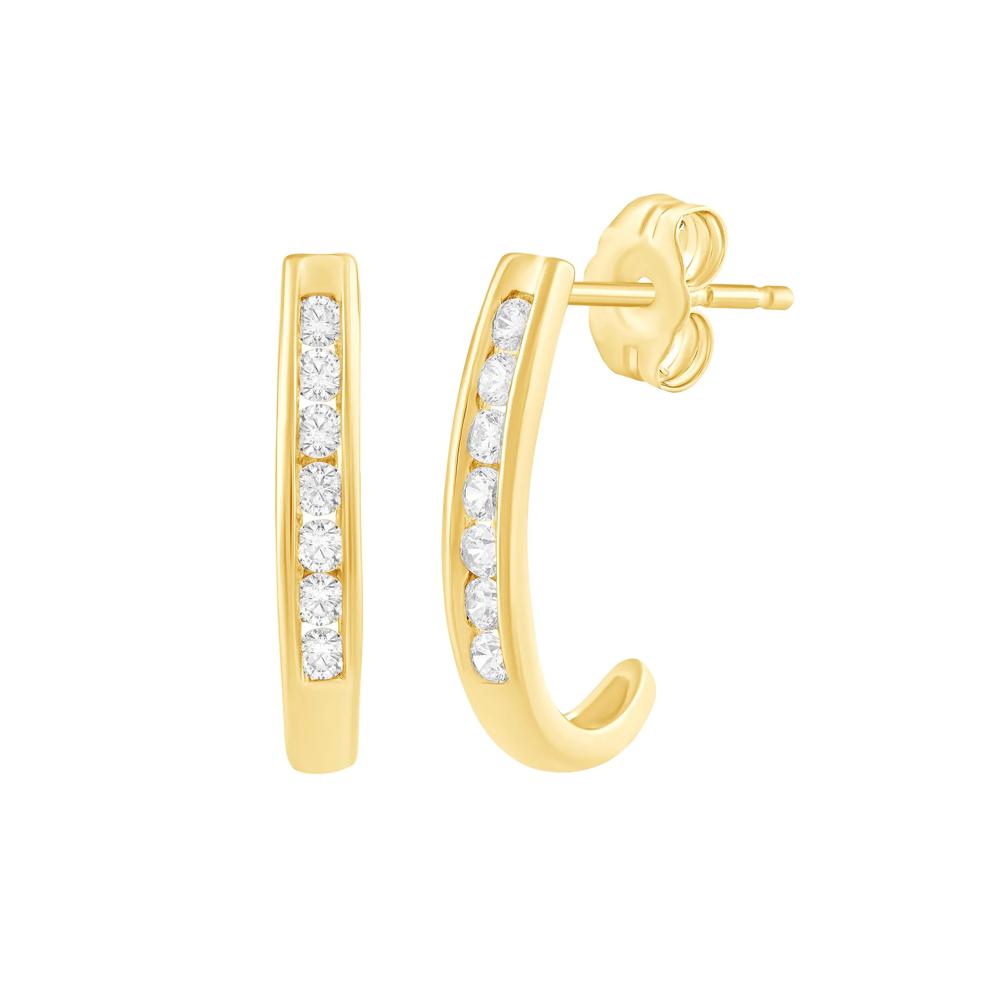 Diamond Channel J-Hoop Earrings in 10K Yellow Gold (1/2 ct. tw.) – Image 1 of 2
