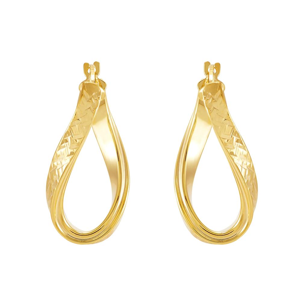 Polished Diamond-Cut Flat Curved Oval Hoop Earrings in 10K Yellow Gold, 22MM – Image 3 of 3
