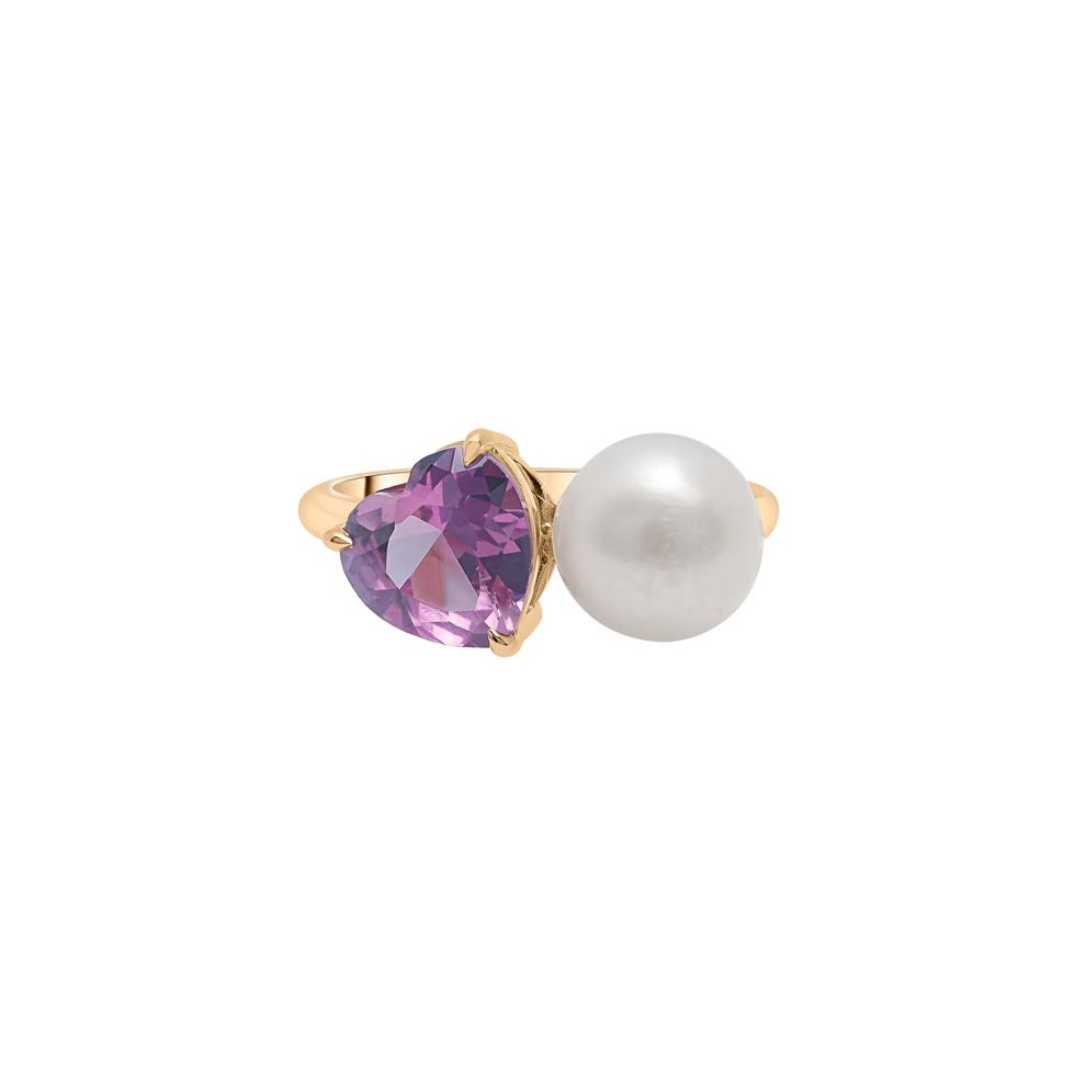 Rose de France and Freshwater Button Pearl Toi et Moi Ring in Vermeil – Image 1 of 7