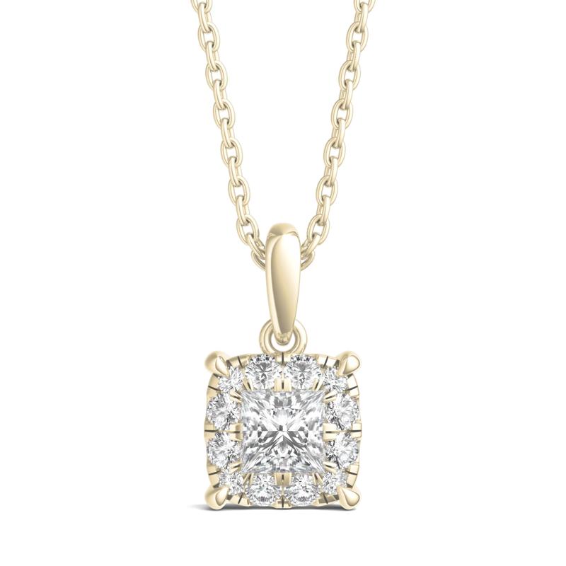 Lab Grown Diamond Princess-Cut Halo Pendant in 14K Yellow Gold (1/2 ct. tw.) – Image 1 of 3