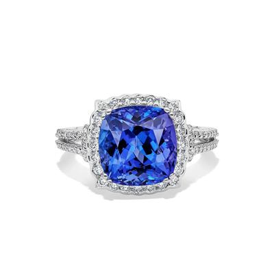 Cushion-Shaped Tanzanite & Diamond Halo Ring in 14K White Gold (1/2 ct. tw.)