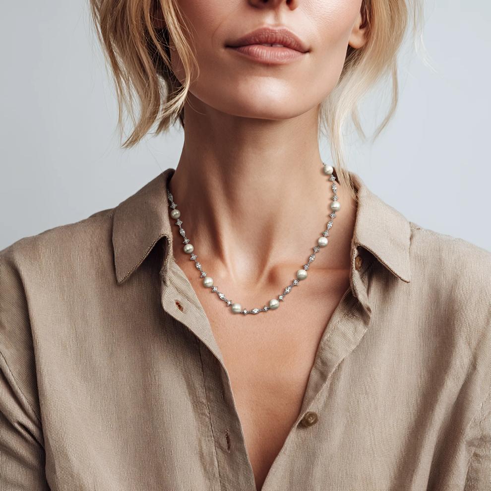 Freshwater Cultured Pearl &amp; Lab Created White Sapphire Necklace in Sterling Silver – Image 4 of 4