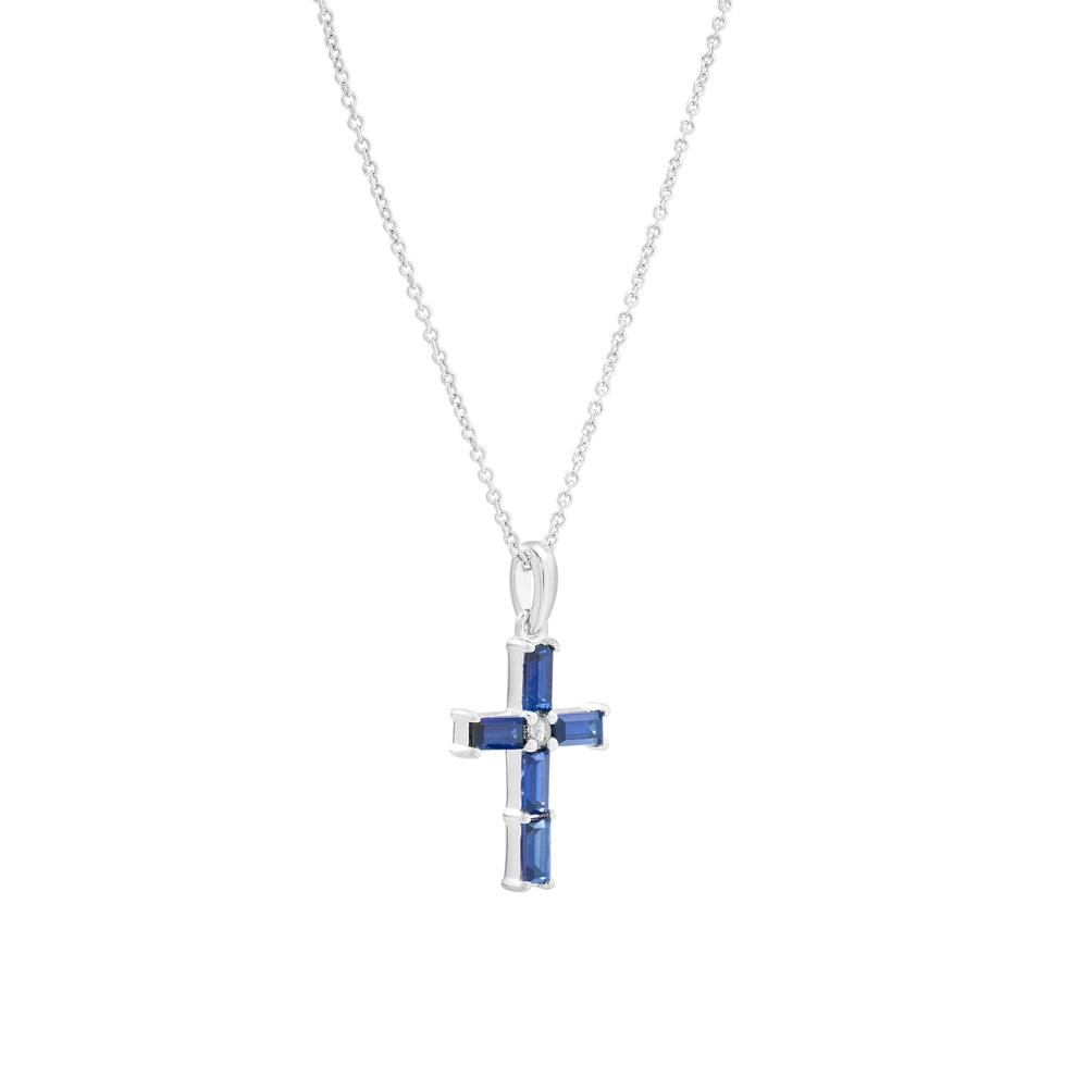 Lab-Created Blue and White Sapphire Cross Pendant in Sterling Silver – Image 2 of 4