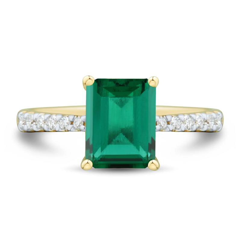 Lab-Created Emerald and Lab Grown Diamond Ring in 10K Yellow Gold &#40;1/5 ct. tw.&#41; – Image 1 of 3